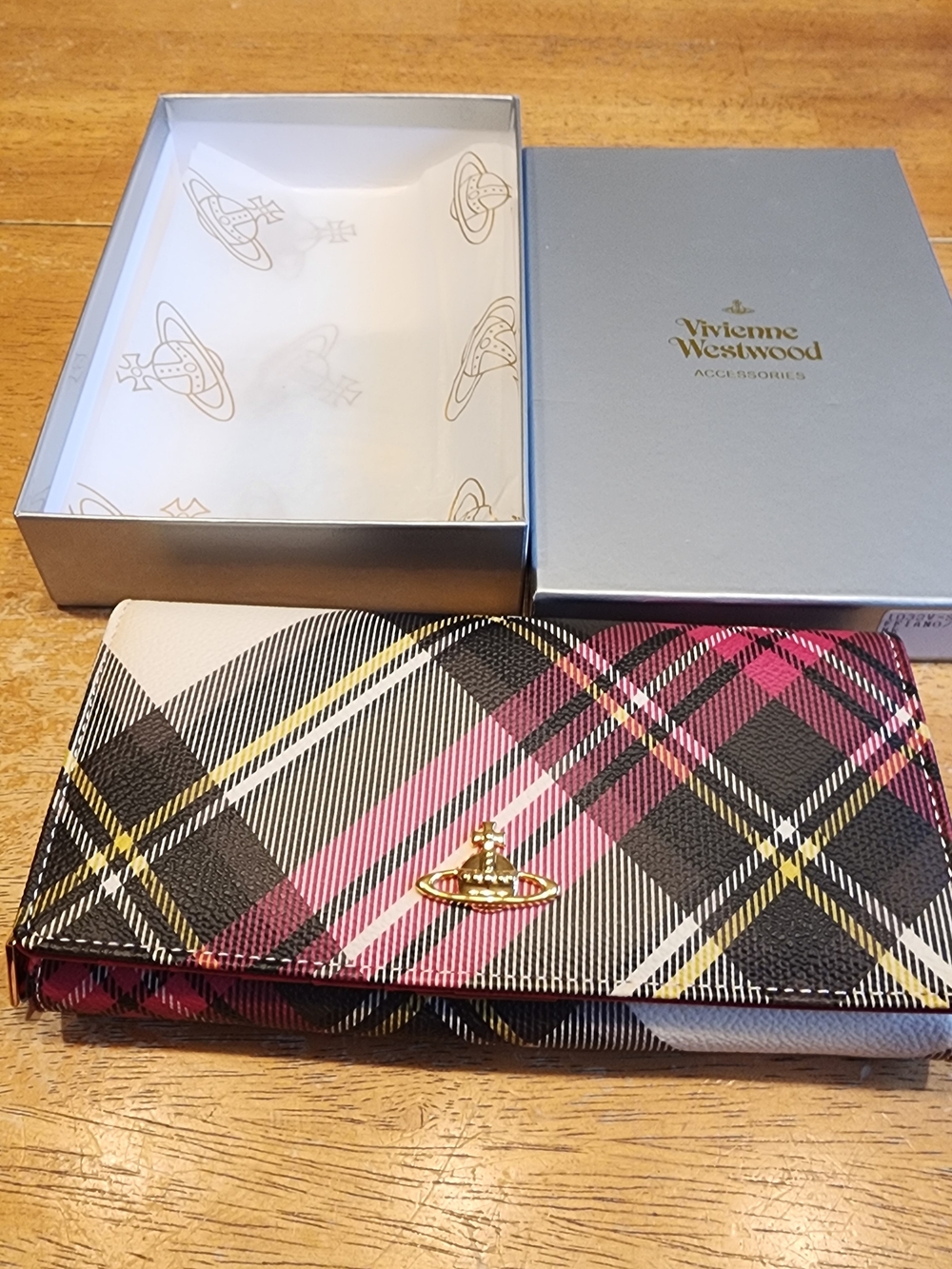 Vivienne Westwood Pink Black Plaid Continental Wallet with Gold Orb Logo